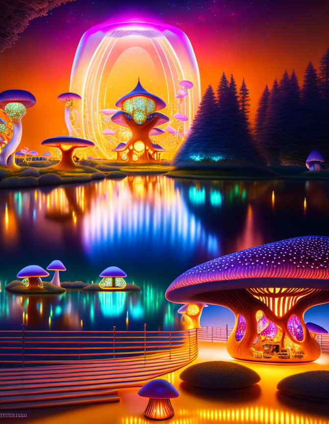 Fantastical landscape with glowing mushrooms by reflective lake