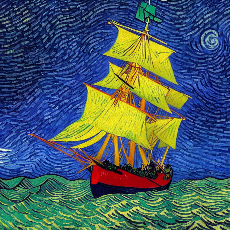 Colorful painting of red sailing ship on wavy sea under blue night sky