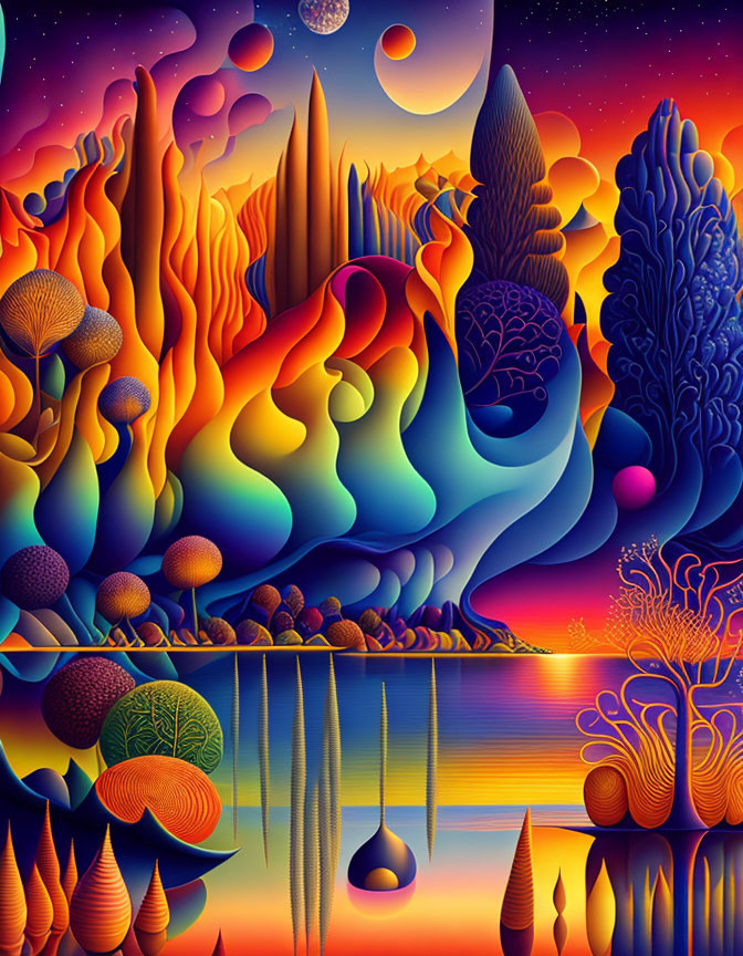 Colorful psychedelic landscape with abstract elements and multiple moons.