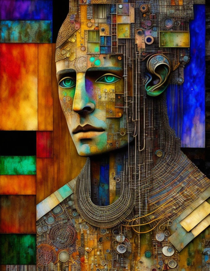 Colorful digital painting of stylized face with mechanical elements on abstract background