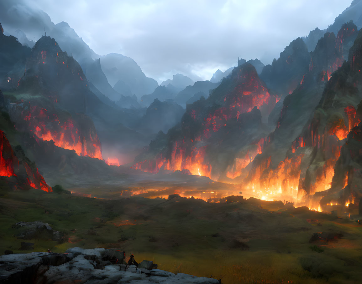 Volcanic valley with flowing lava and illuminated mountainsides