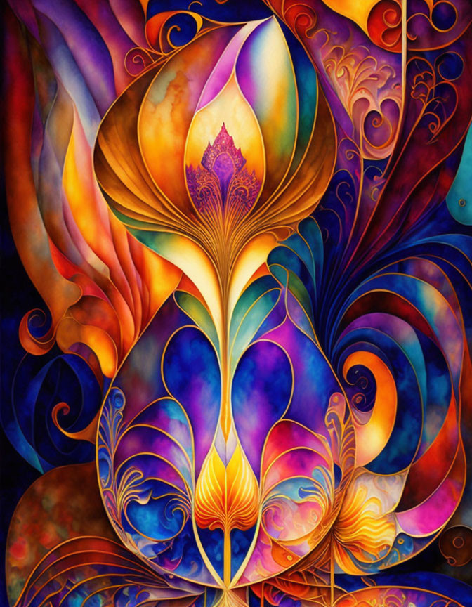 Colorful Abstract Floral Painting with Swirling Patterns in Blues, Oranges, and Purples