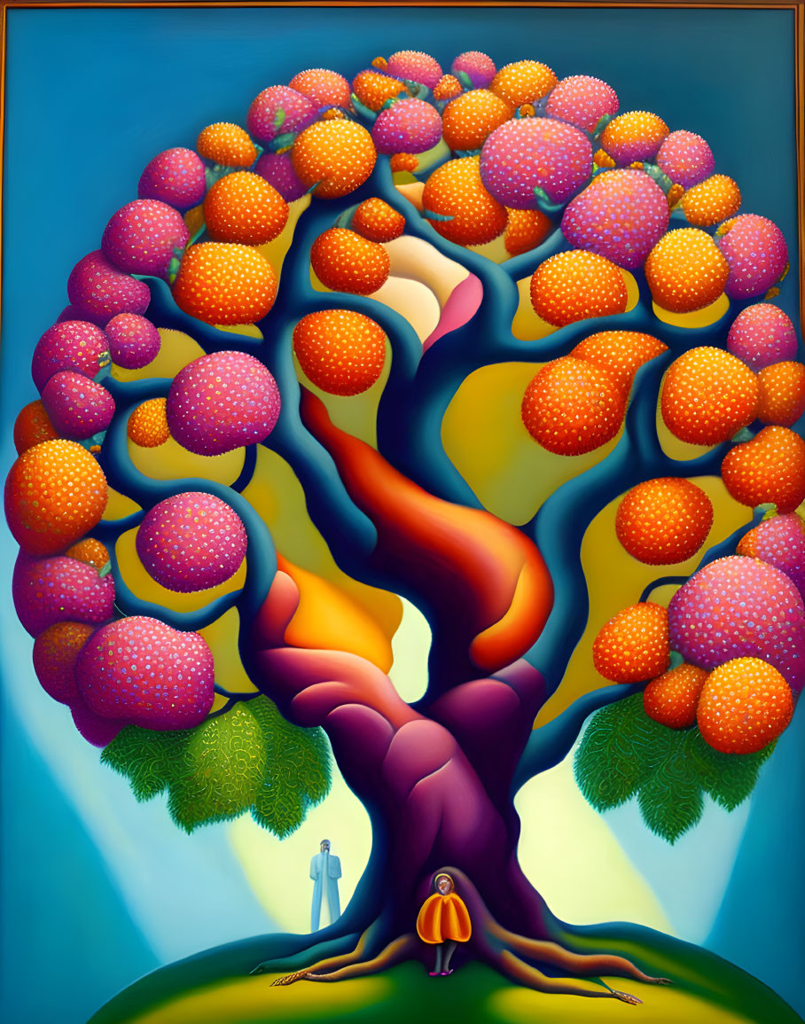 Vibrant purple foliage tree painting with orange trunk and two people under blue sky