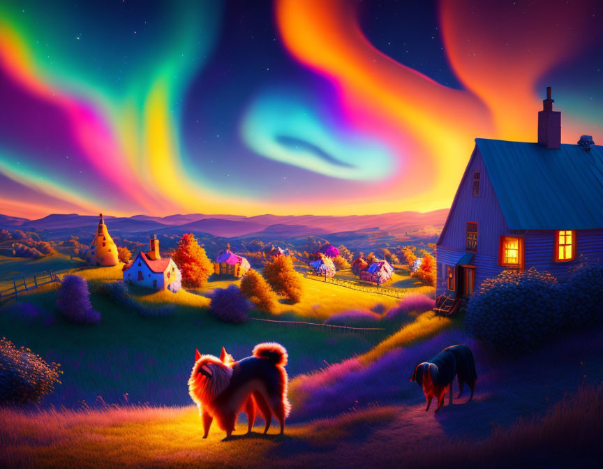 Colorful Twilight Countryside Scene with Two Fluffy Dogs