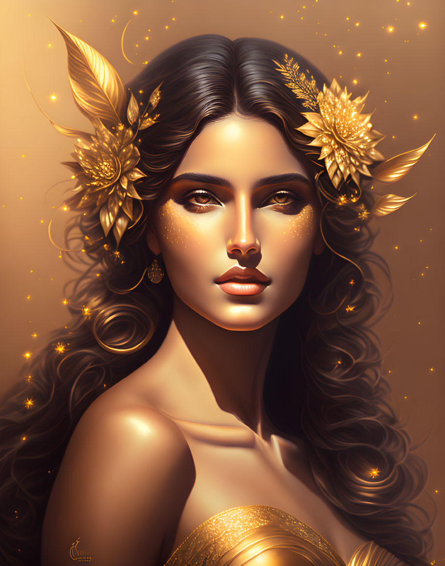 Digital portrait of woman with golden hair accessories and sparkling skin