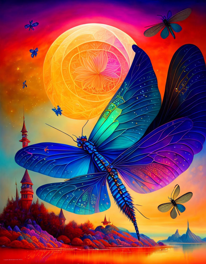 Detailed Blue Butterfly in Surreal Landscape with Moon and Dragonflies