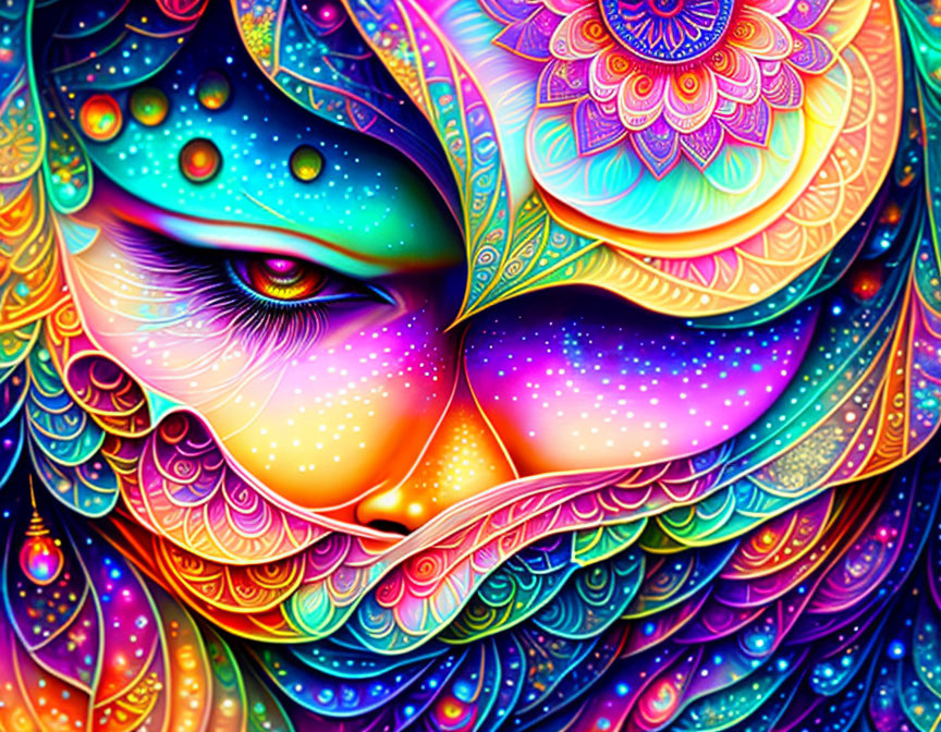 Colorful Psychedelic Artwork of Detailed Face with Single Eye