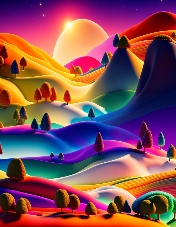 Colorful Rolling Hills with Stylized Trees Under Starry Sky in Warm and Cool Hues