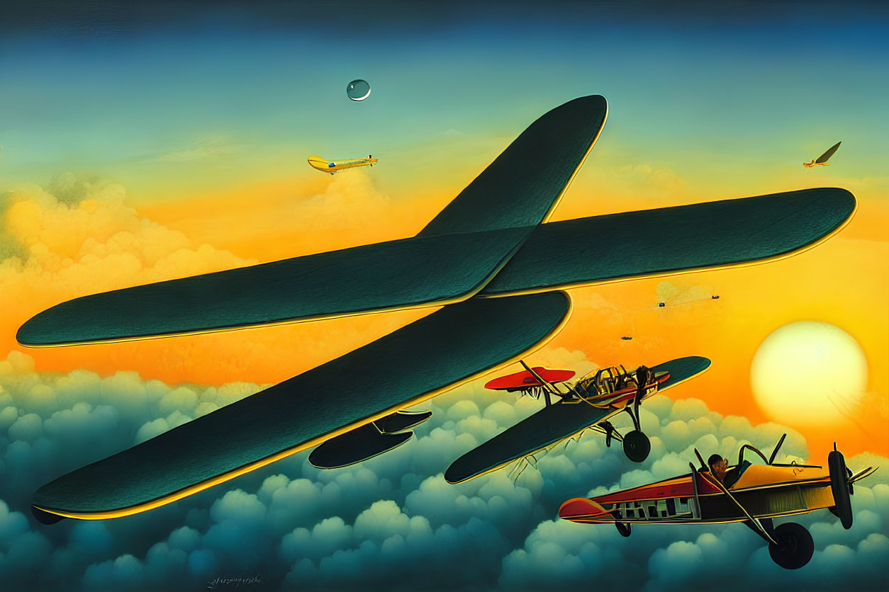 Surreal painting: Giant glider above clouds, sunset, smaller planes, crescent moon