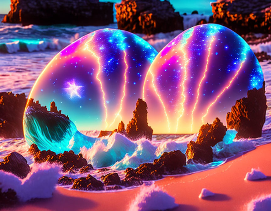 Digitally altered image of cosmic hearts on beach at sunset