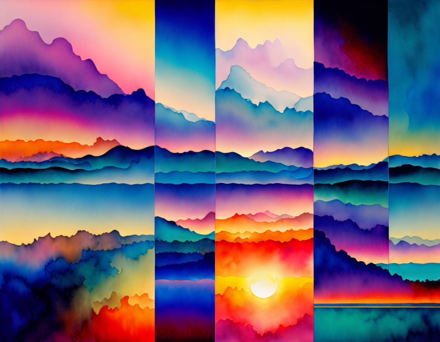 Vibrant Sunset Mountain Silhouettes in Four Panels