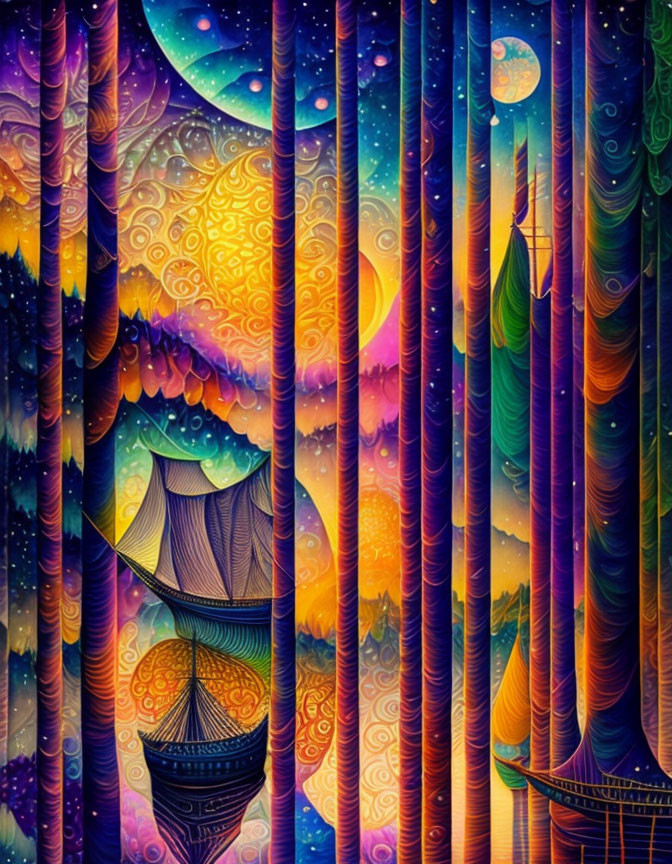 Colorful Psychedelic Forest Scene with Moon, Stars, and Boats