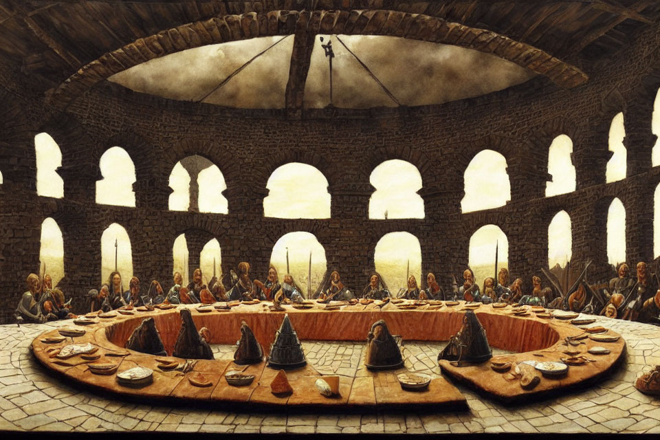 Circular Medieval Hall with Stone Walls and Arched Windows Hosting Gathering of Individuals Around U-Shaped Table