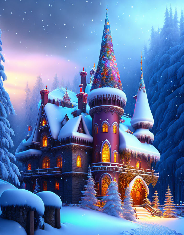 Snow-covered castle in twilight winter forest with glowing windows