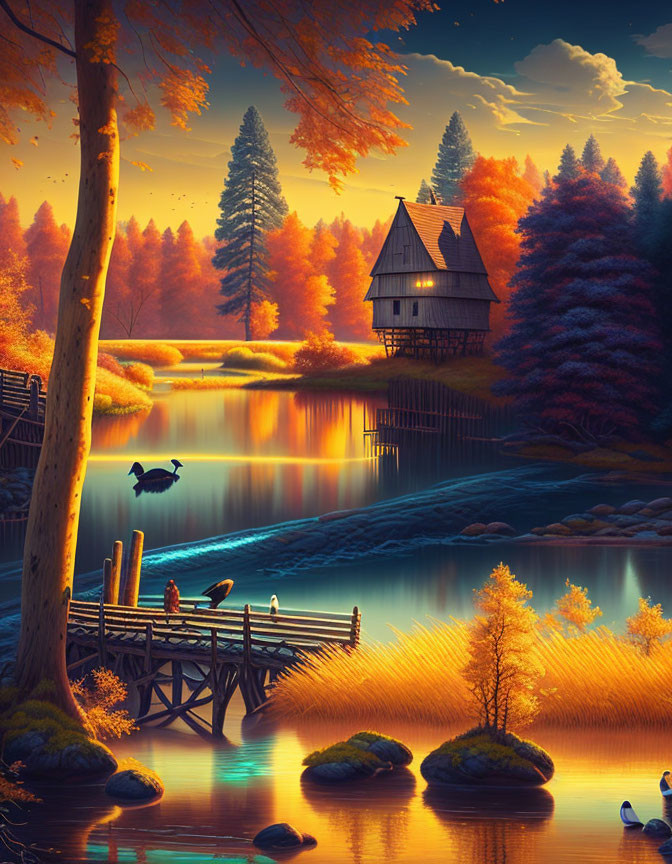 Autumn riverside landscape with wooden house, colorful trees, bridge, and ducks.