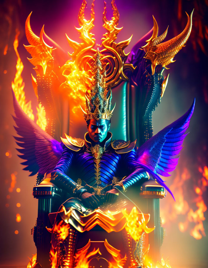 Stylized character in gold and blue armor with wings amid flames and decorations