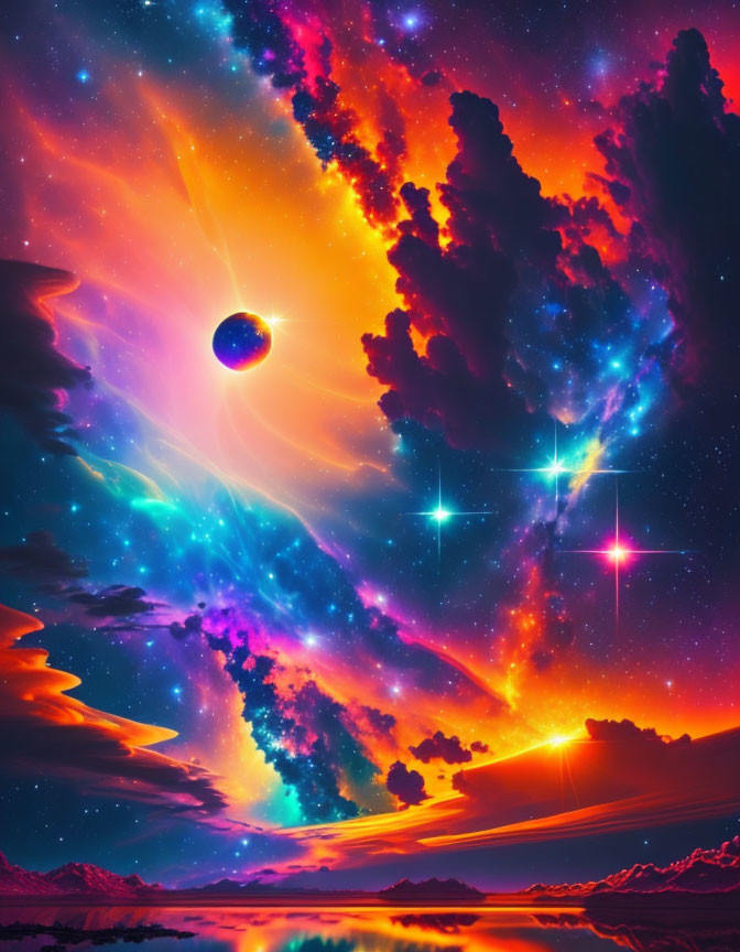 Colorful Cosmic Scene with Nebula, Stars, and Planet Silhouette