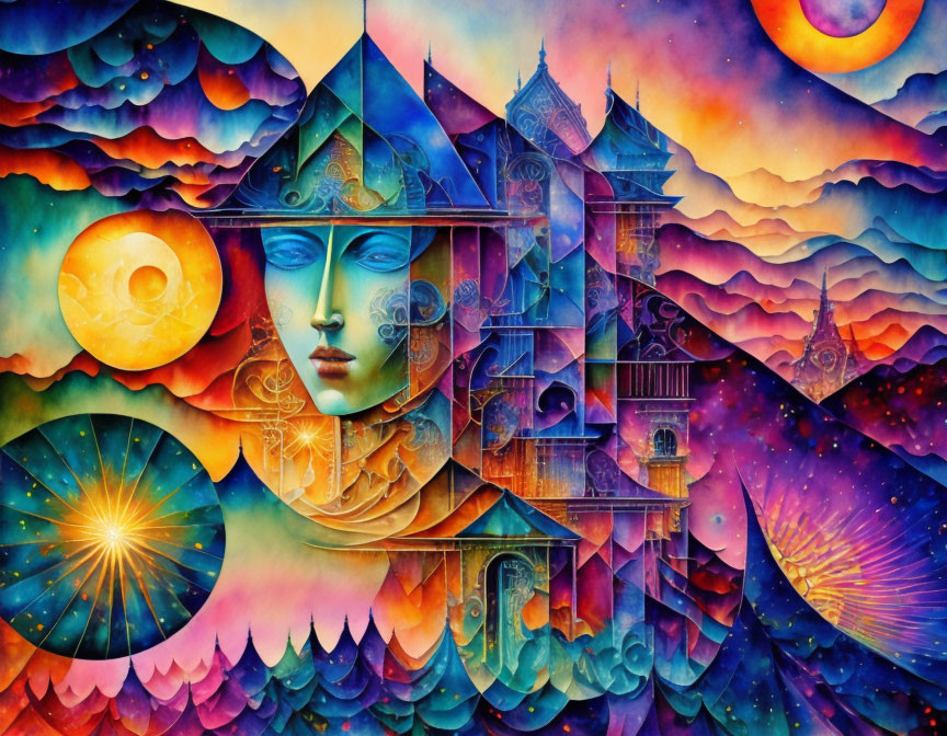 Colorful Artwork: Human Face, Architecture, Celestial Bodies, Abstract Landscape