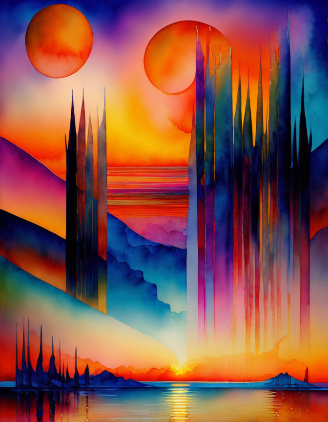 Surreal watercolor painting of towering spires at sunset