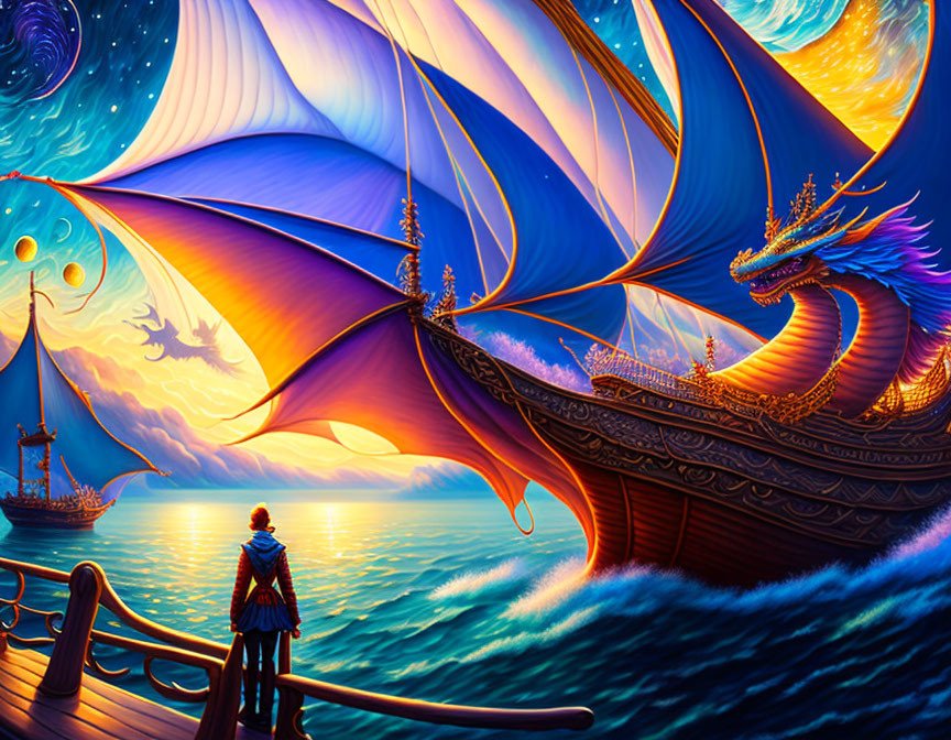 Colorful fantasy artwork: person on ship's deck gazes at dragon-headed vessel with billowing sails