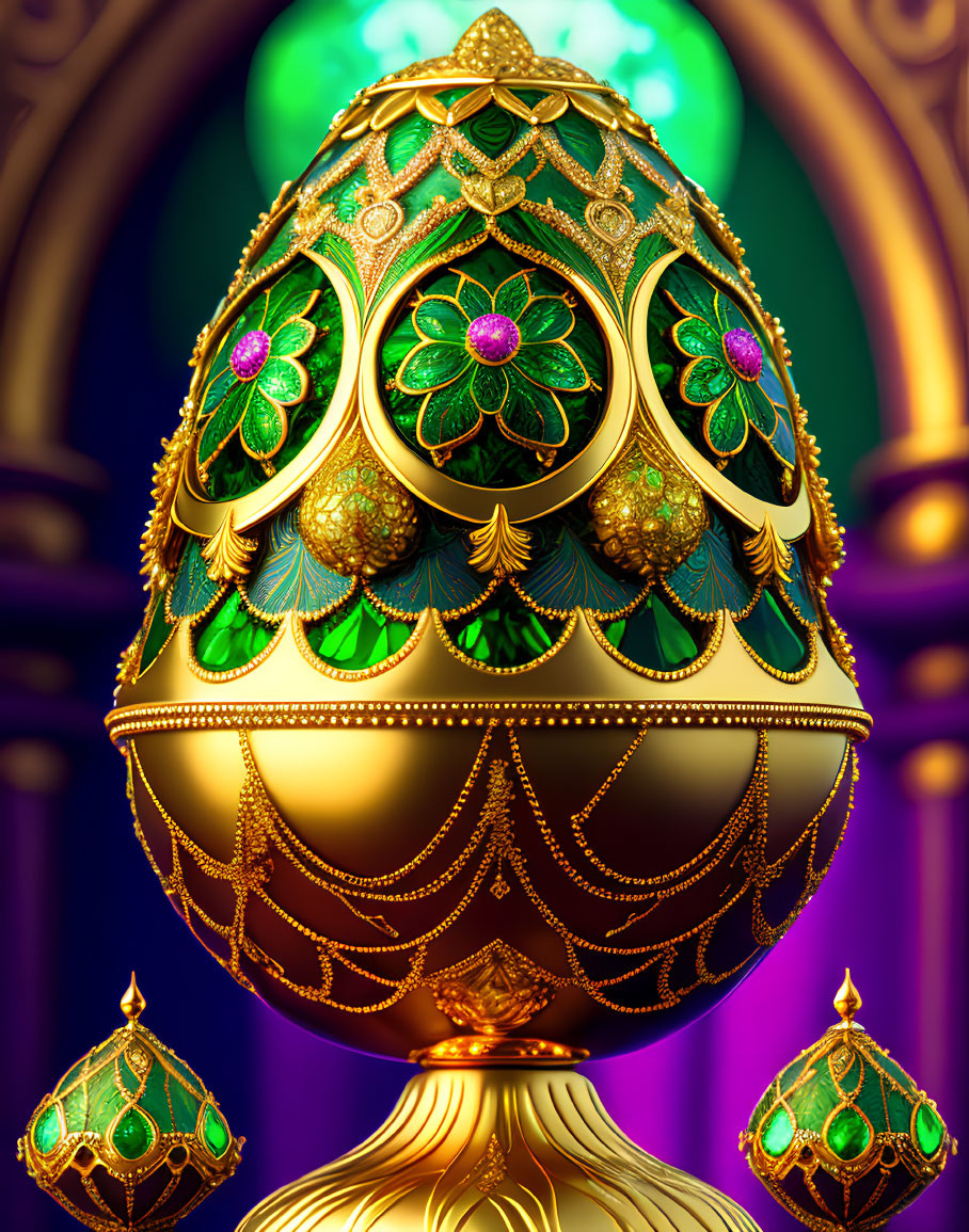 Intricately Decorated Golden Egg with Emerald Accents and Magenta Flowers on Purple Background