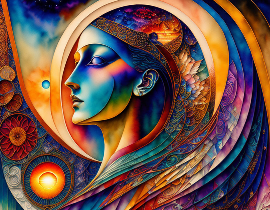 Colorful Stylized Female Profile with Cosmic and Floral Elements