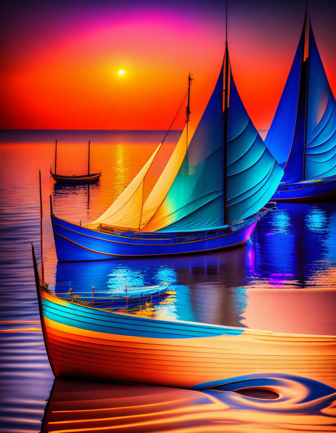 Colorful sunset reflecting stylized sailboats on calm water