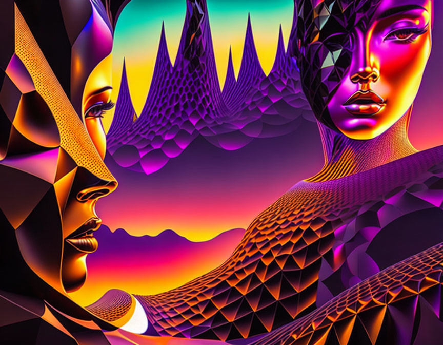 Colorful digital artwork: Two stylized faces, sunset landscape, abstract patterns