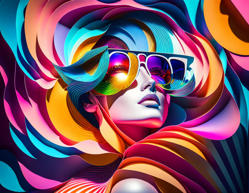 Colorful digital artwork: Woman in oversized sunglasses amidst swirling patterns