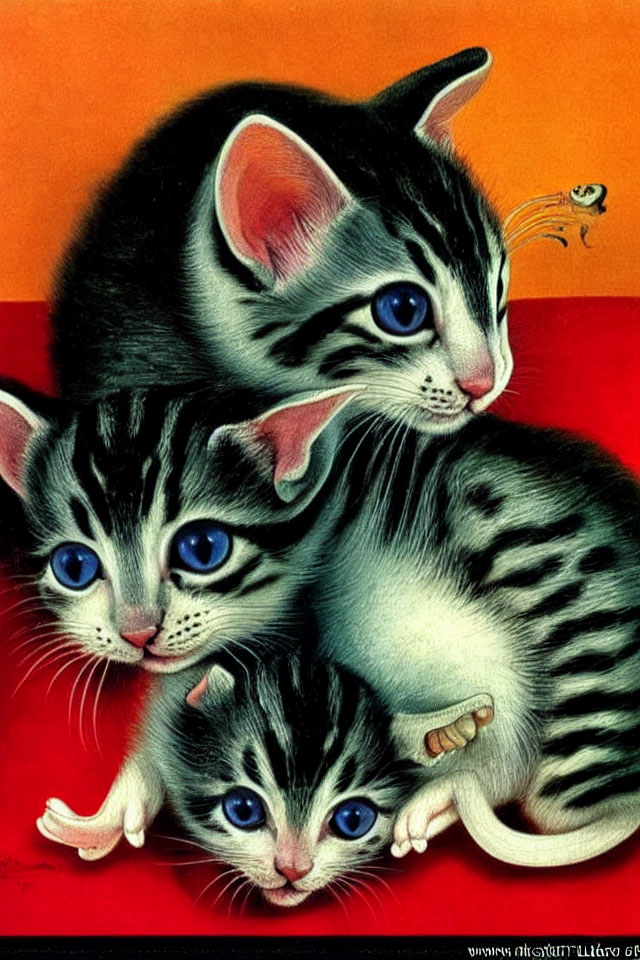 Three Cartoon Kittens Playing with Butterfly on Orange Background