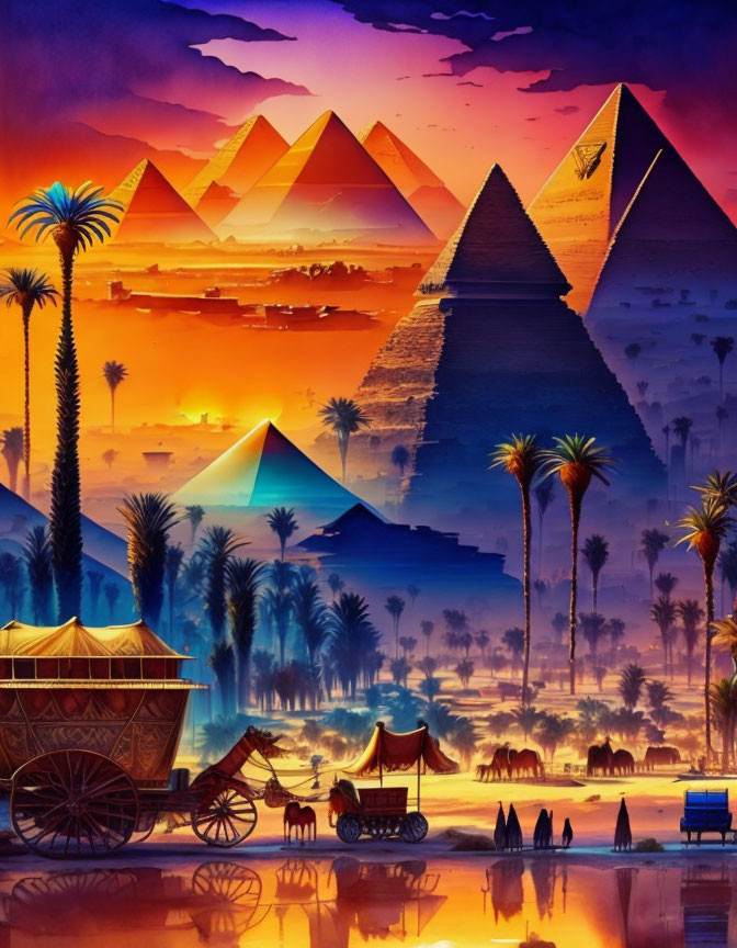 Egyptian Pyramids Sunset Scene with Palm Trees, Horses, and Carts reflected in Water