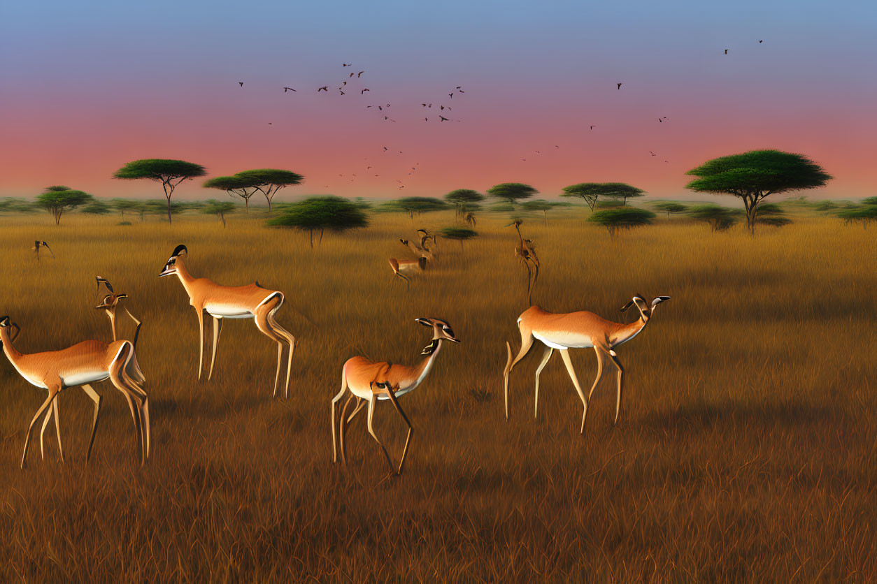 Tranquil savannah sunset with grazing gazelles and acacia trees