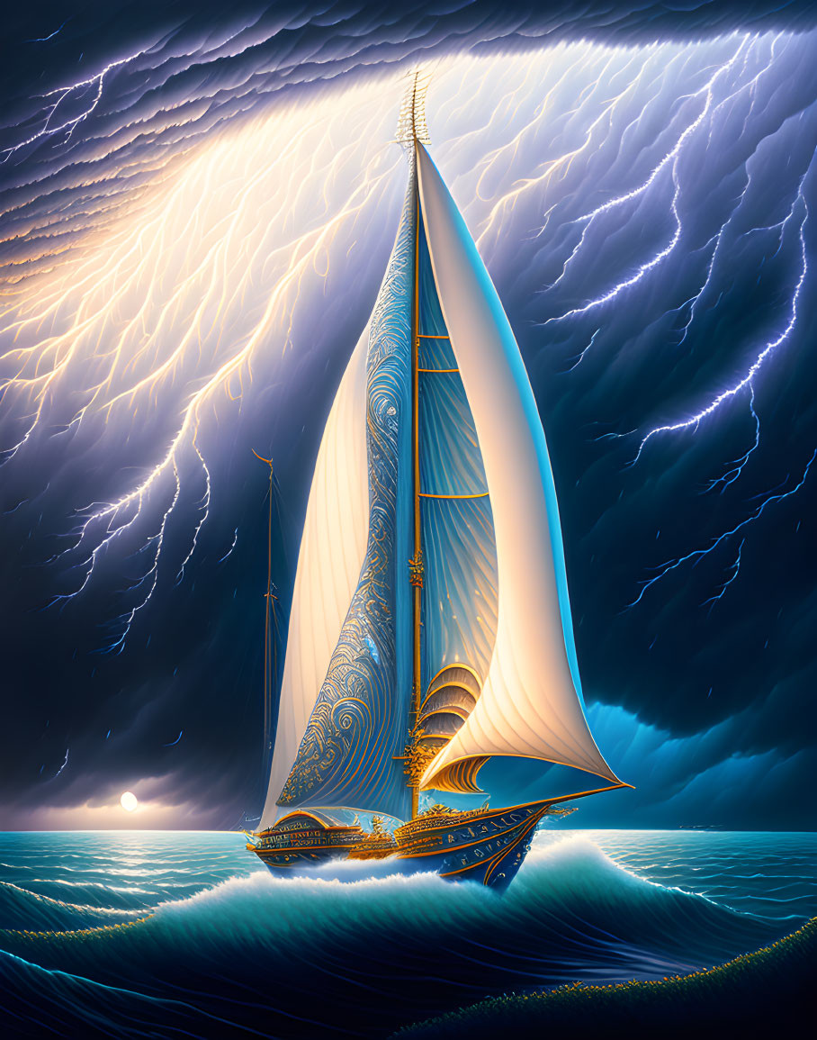 Golden-detail sailboat navigating stormy seas under lightning-filled sky