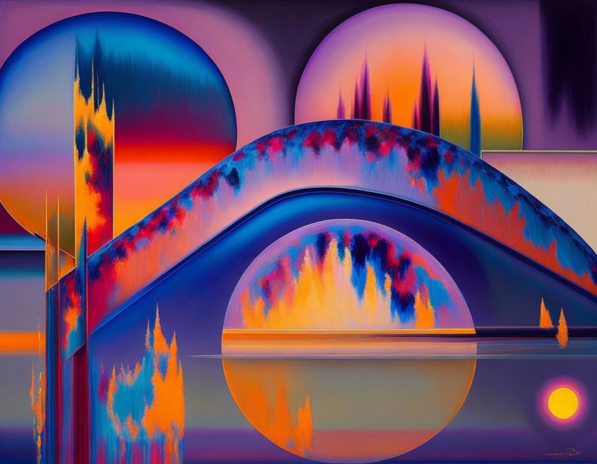 Colorful Abstract Painting with Arches and Peaks in Cool and Warm Hues