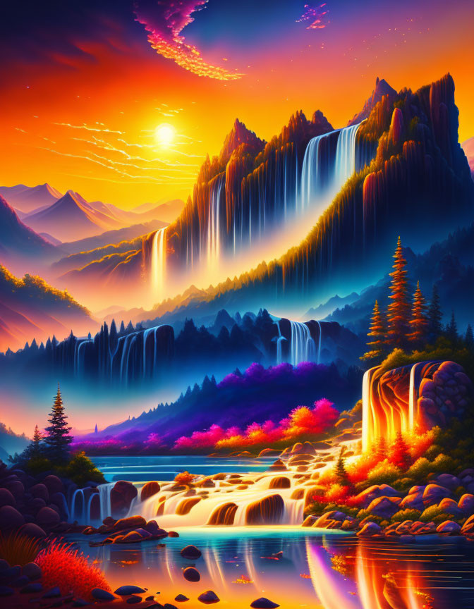 Fantastical landscape with waterfalls, luminous flora, mountains, and sunset sky.