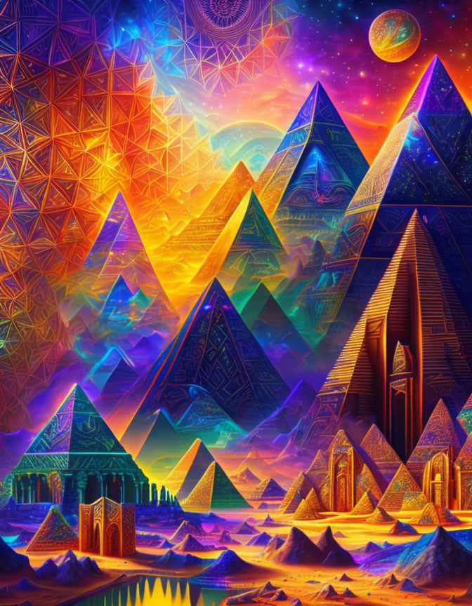 Colorful Psychedelic Egyptian Pyramids in Starry Night Sky