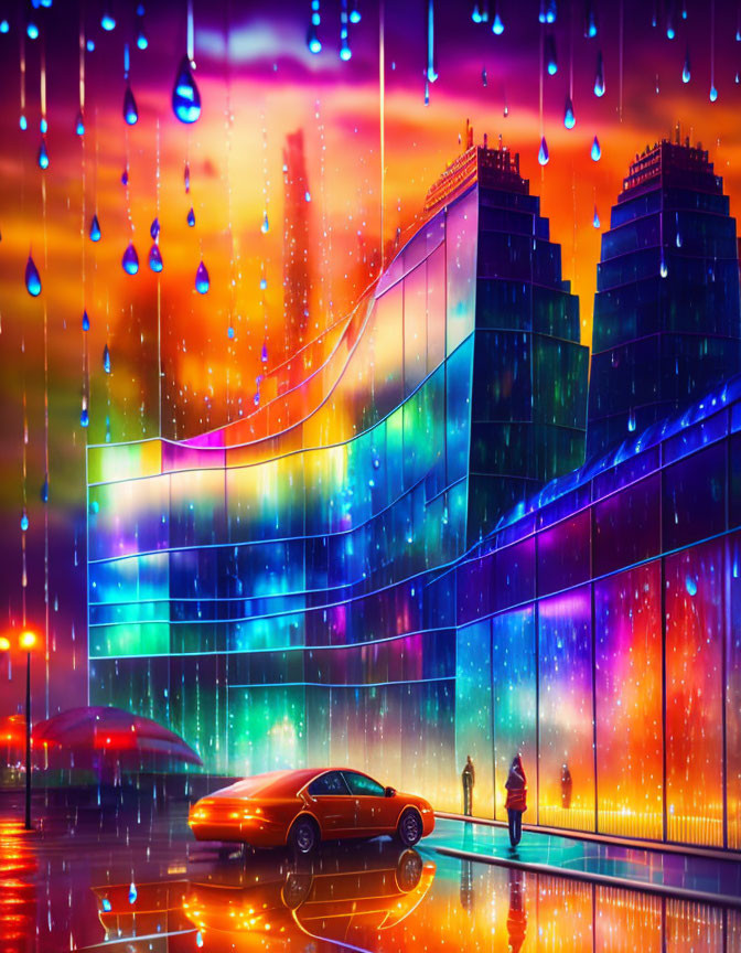 Neon-lit futuristic cityscape with rain-drenched sky