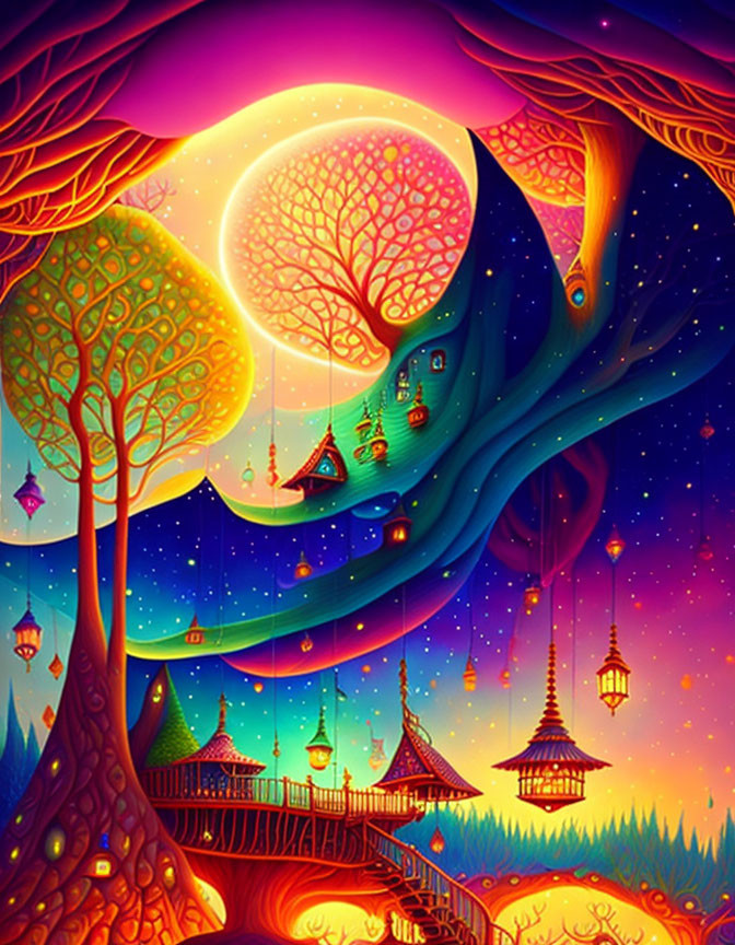 Fantasy landscape with whimsical trees and starry sky