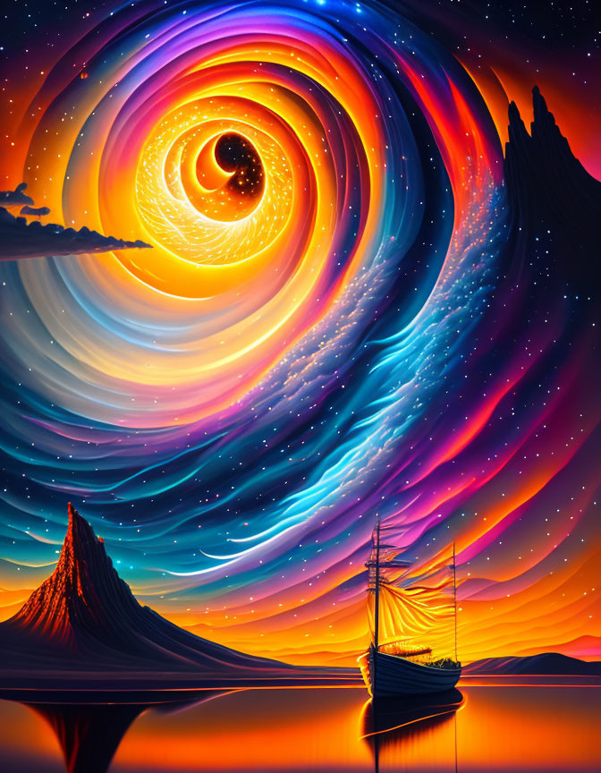 Colorful Cosmic Sky Over Silhouetted Mountains and Sailboat