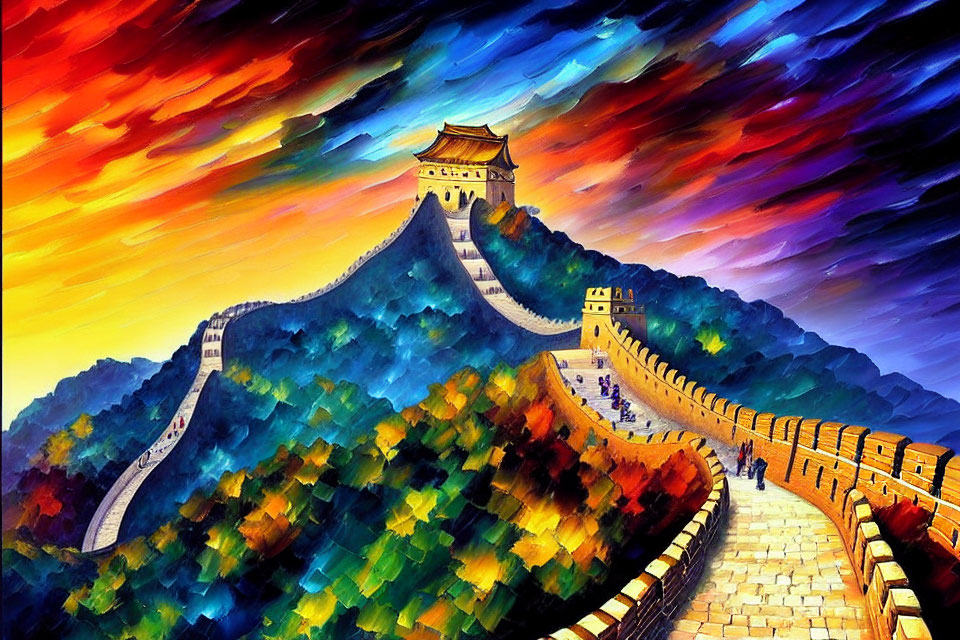 Colorful painting of Great Wall of China under dramatic sunset sky