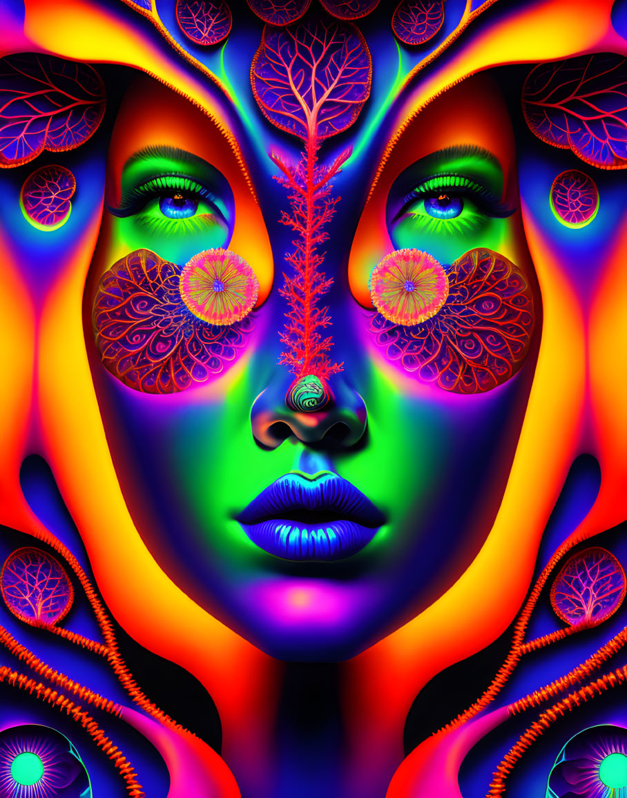 Symmetrical Face with Tree-Like and Fractal Patterns in Neon Colors