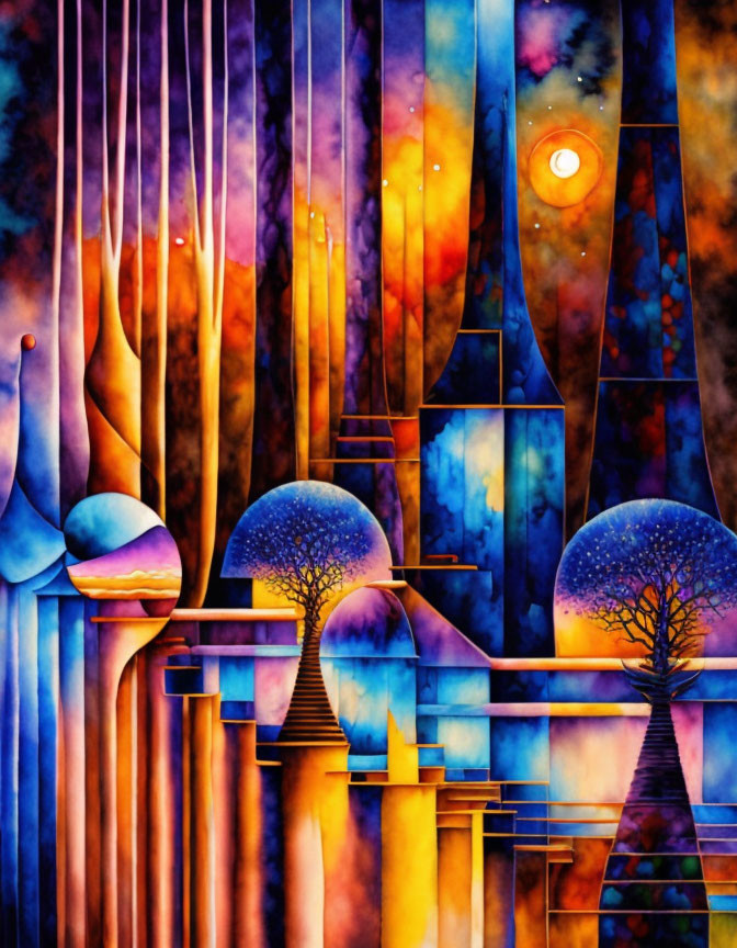 Colorful Abstract Painting with Spherical Trees and Geometric Shapes