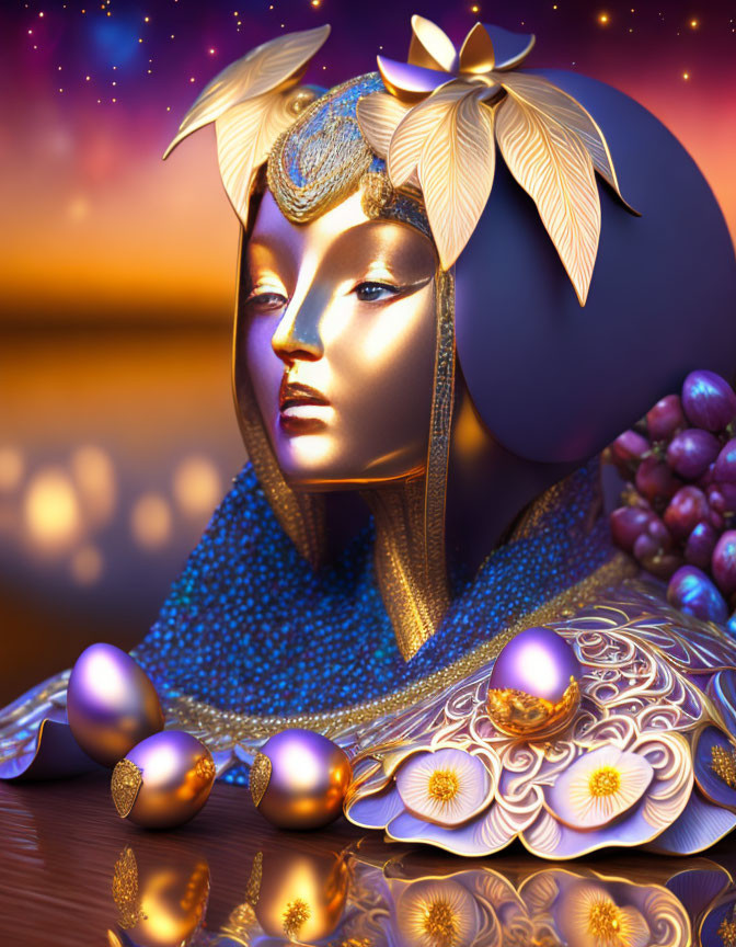 Golden feminine figure with ornate headpiece in cosmic backdrop.