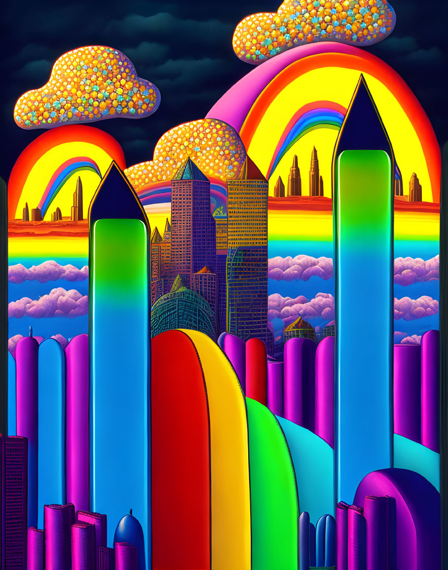 Colorful Cityscape with Rainbow Sky and Candy Clouds