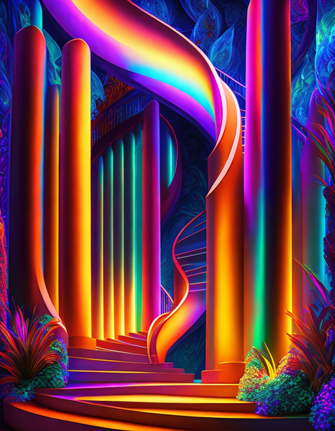 Colorful neon-lit staircase with rainbow gradient, columns, and exotic plants