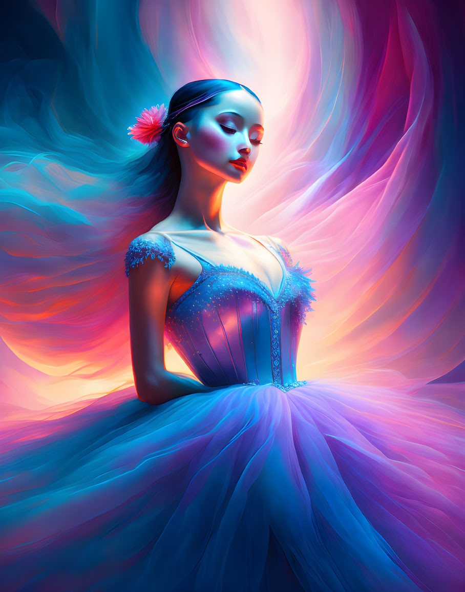 Woman in Blue Dress with Flower Against Colorful Abstract Background