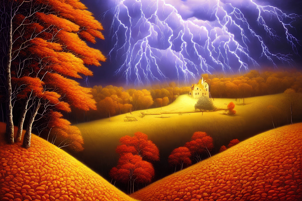 Orange Trees and Lightning Strikes in Dramatic Autumn Landscape