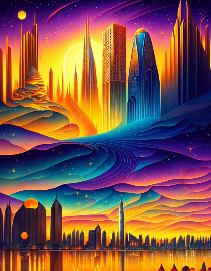 Futuristic cityscape with high-rise buildings and planetary sky