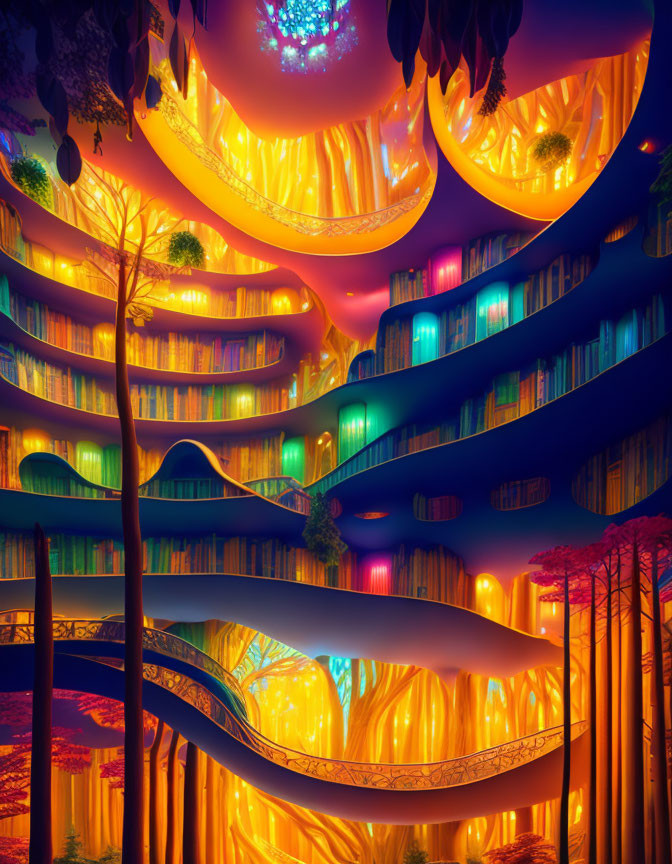 Vibrant, whimsical library with glowing books, curving staircases, and luminescent