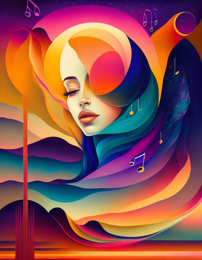 Colorful surreal portrait of a woman with flowing hair in cosmic setting.